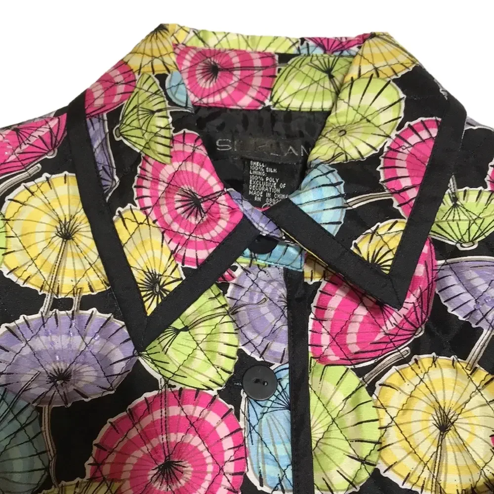 VTG—SILKLAND—Umbrella Print Silk Quilted Beaded Lined Button Up Jacket—Sz Small - Picture 5 of 16